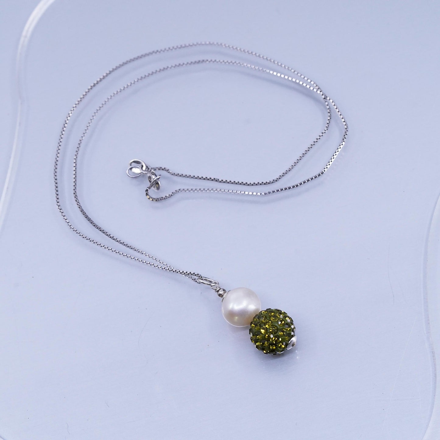 18”, Vintage Sterling 925 silver box necklace pearl green crystal bead pendant