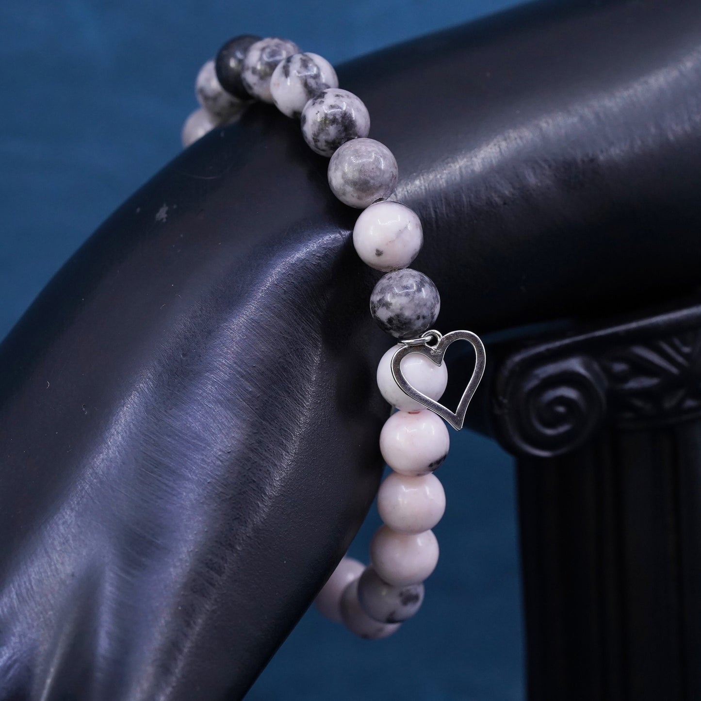 6.75”, handmade pink quartz beads Bracelet with sterling 925 silver heart charm