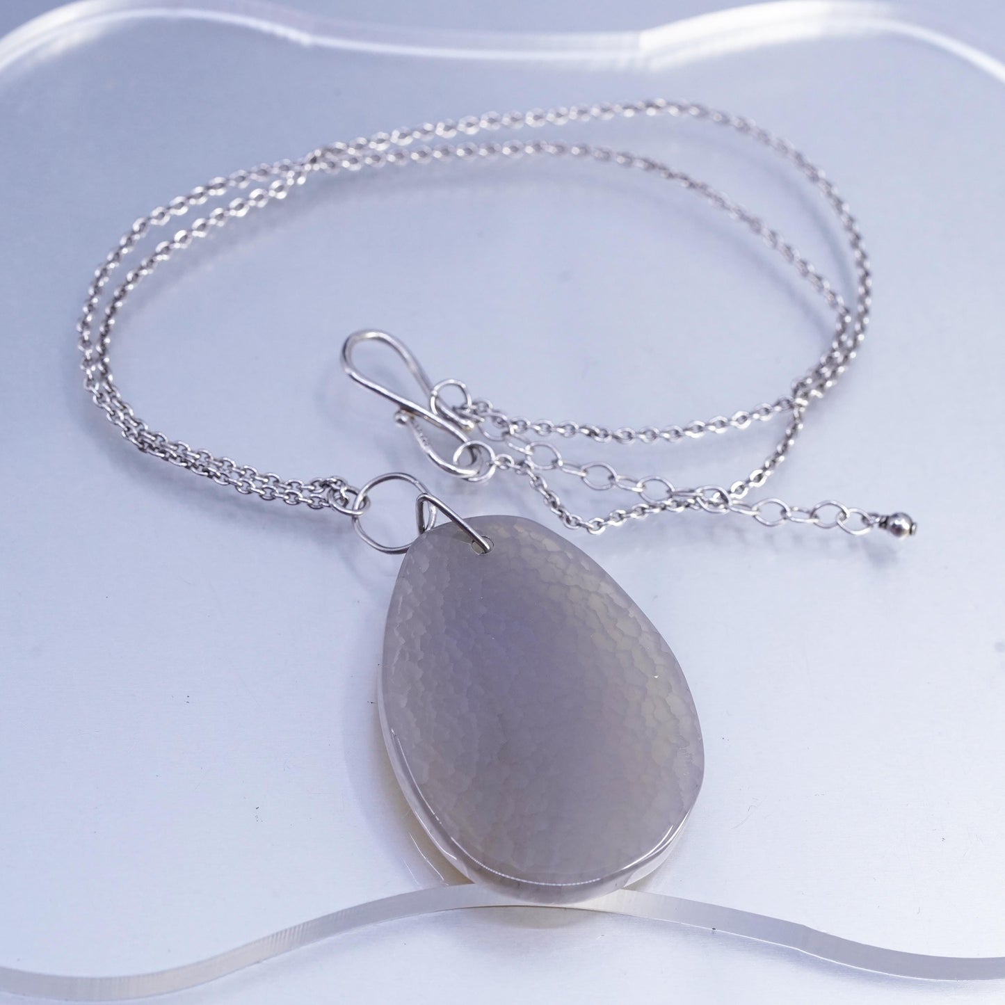 18+2", vintage Sterling 925 silver circle chain necklace teardrop agate pendant