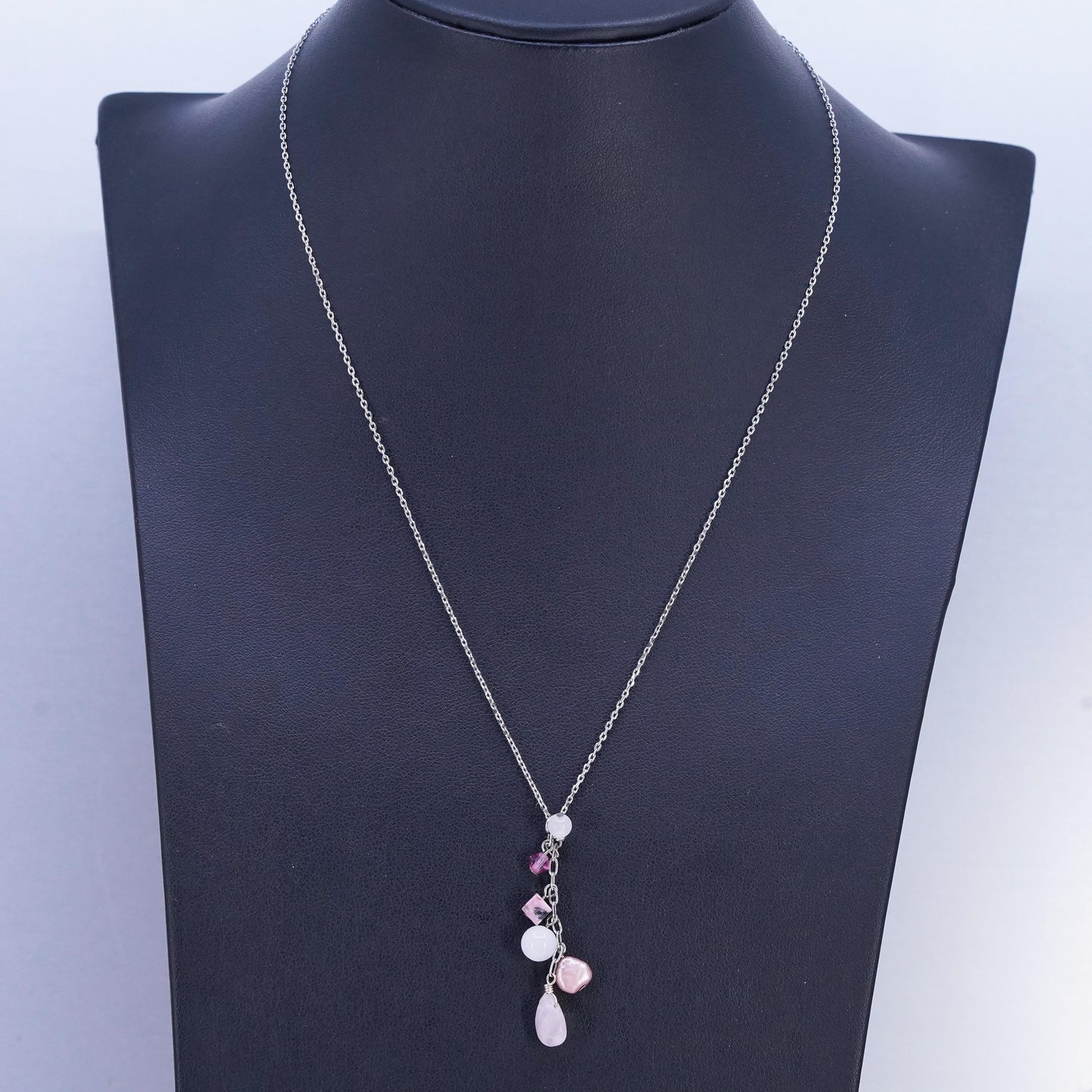 18", vintage Sterling 925 silver circle chain necklace w/ quartz beads pendant