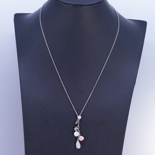 18", vintage Sterling 925 silver circle chain necklace w/ quartz beads pendant