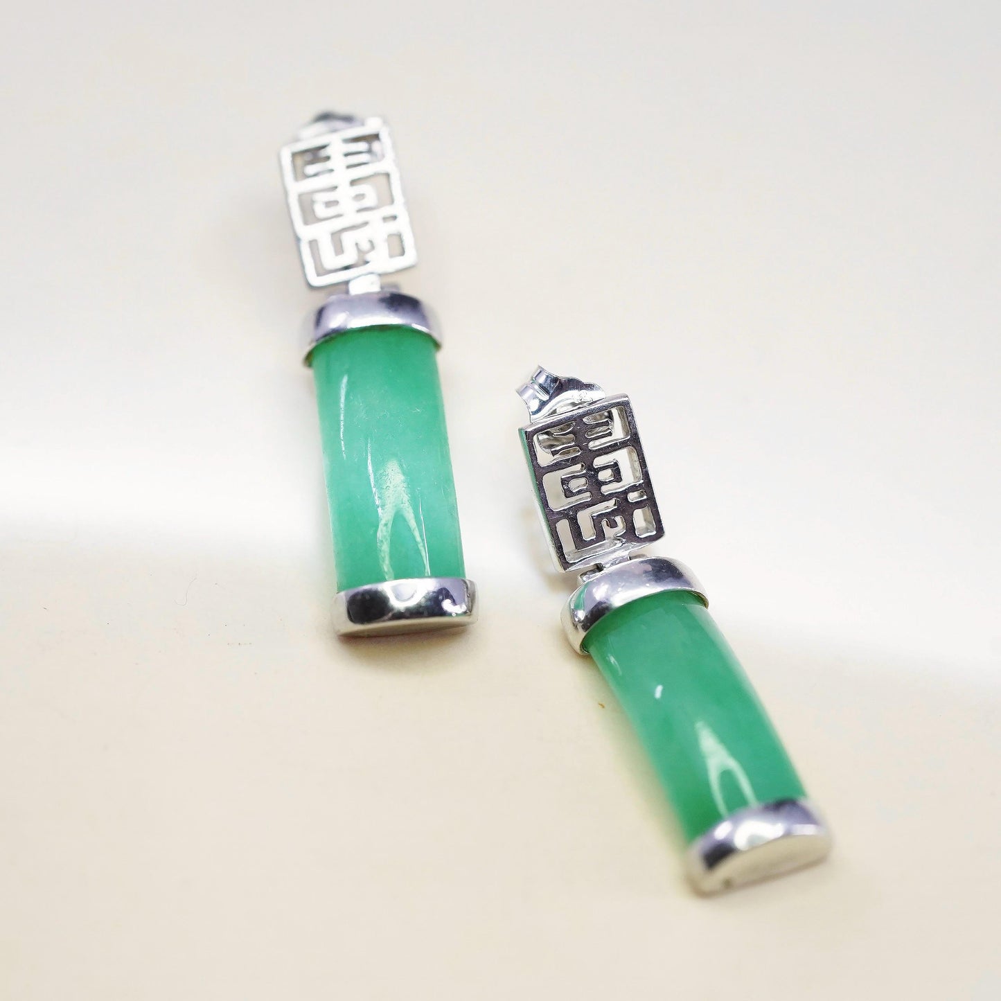 Vintage sterling silver 925 handmade with jade earrings w/ Chinese “ longevity”