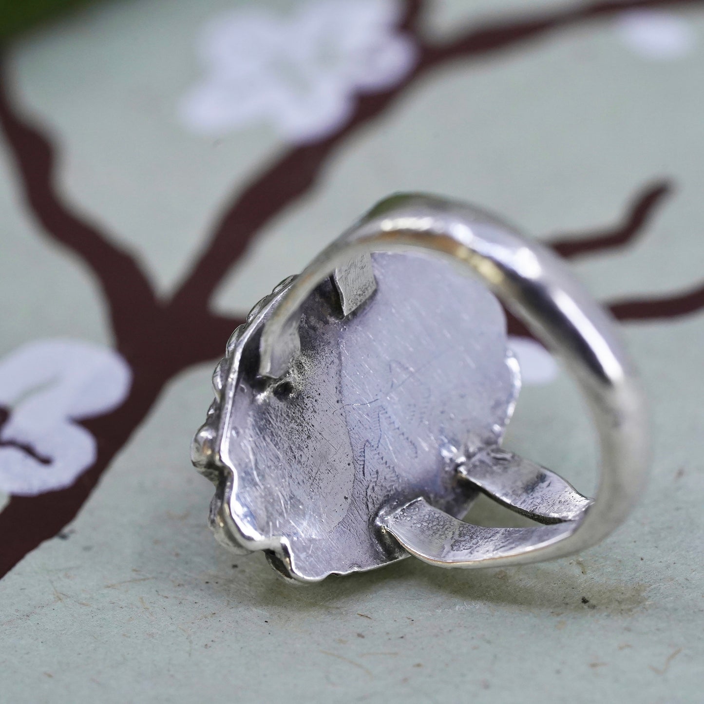 Size 4.5, Vintage sterling 925 silver handmade ring with onyx and bead details