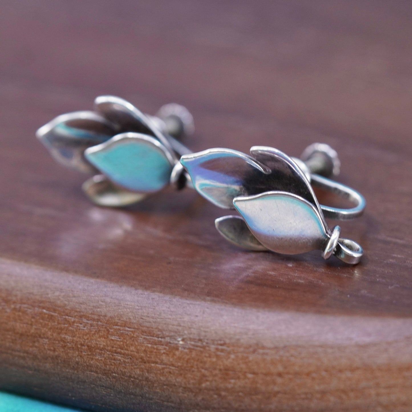 Vintage Mexico Sterling silver handmade earrings, 925 leaf screw back earrings