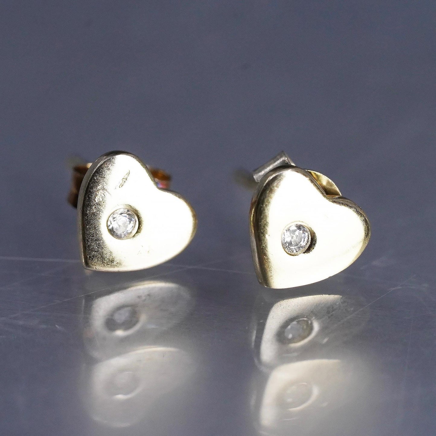 Vintage yellow gold plated Sterling 925 silver heart earrings, studs with cz