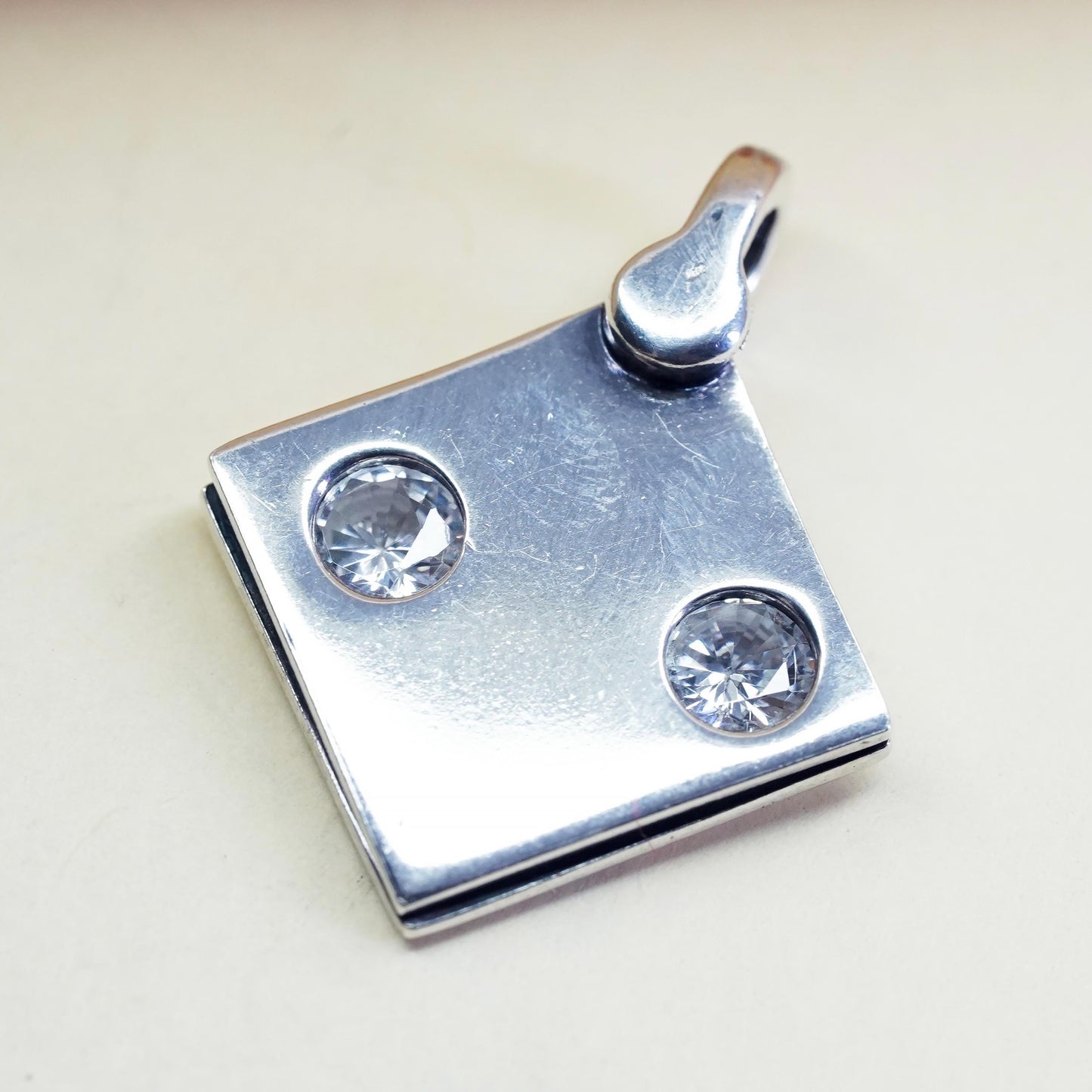 Vintage sterling 925 silver handmade diamond shaped handmade charm with cz