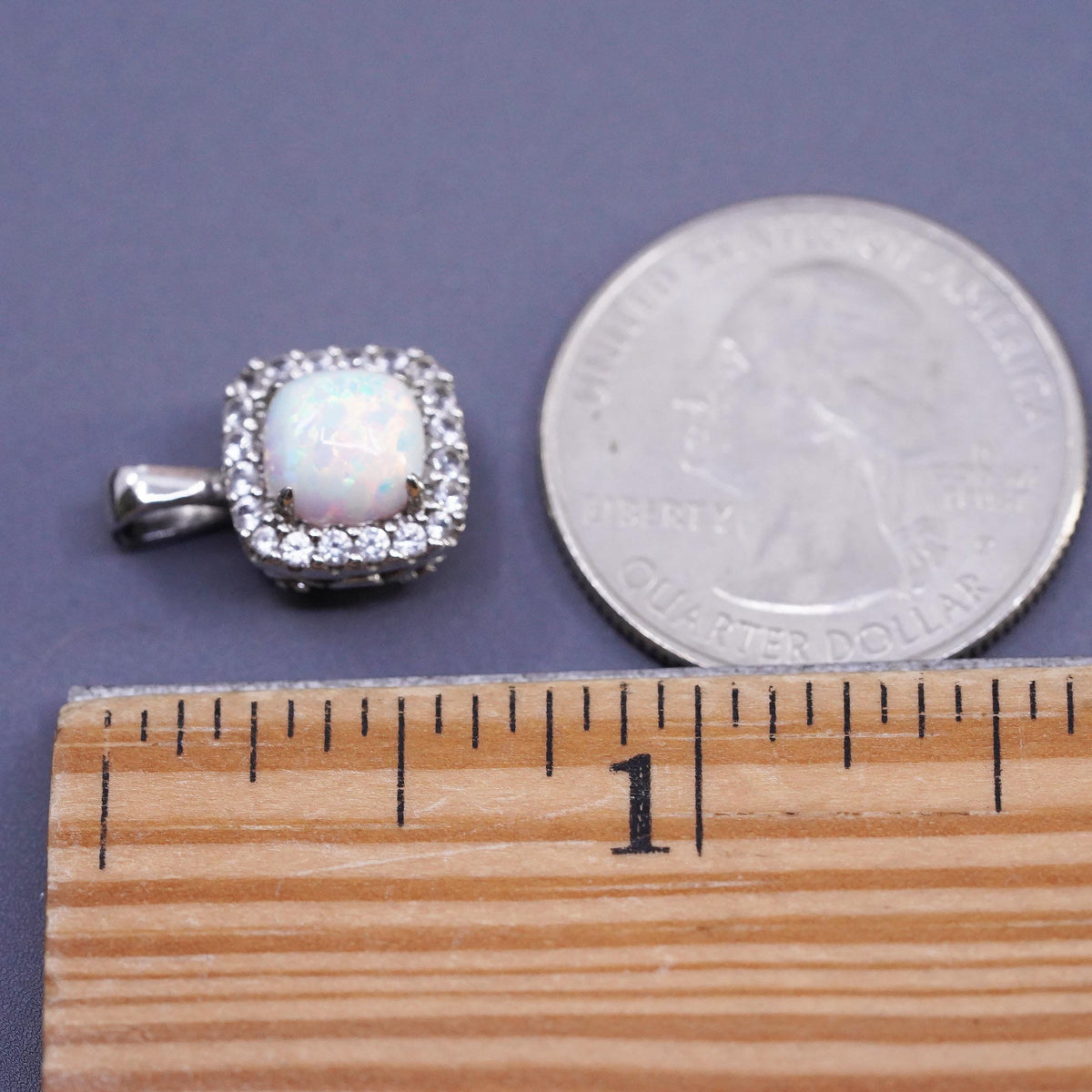 Vintage Sterling 925 silver square opal pendant with genuine diamond holo