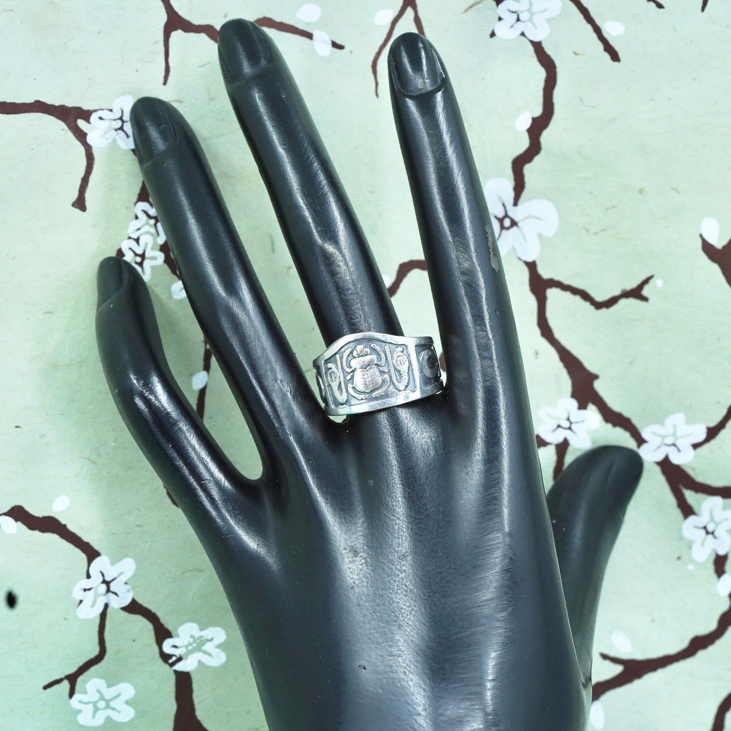 Size adjustable, Sterling silver 925 ring band, ankh Egyptian Beetles Scarabs