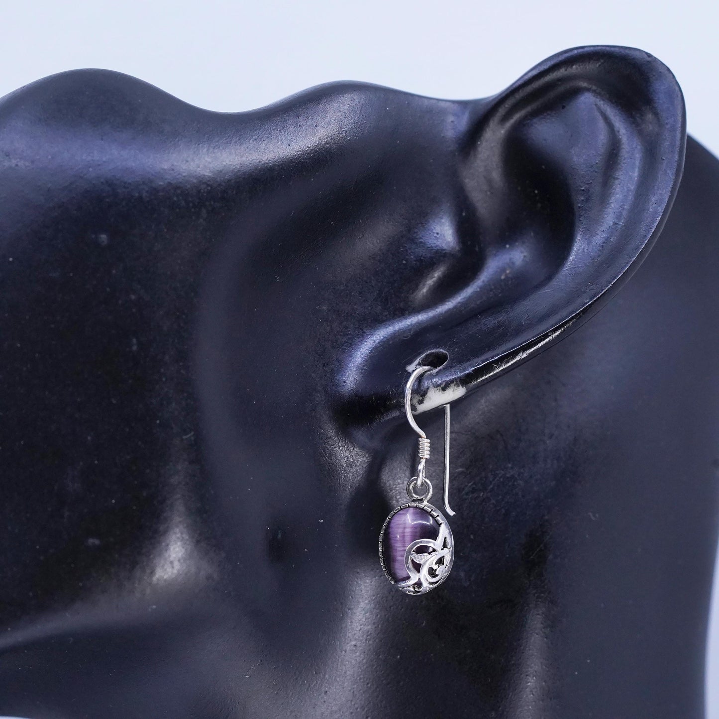 Vintage Sterling Silver Handmade Earrings, 925 Silver with purple Tiger Eye