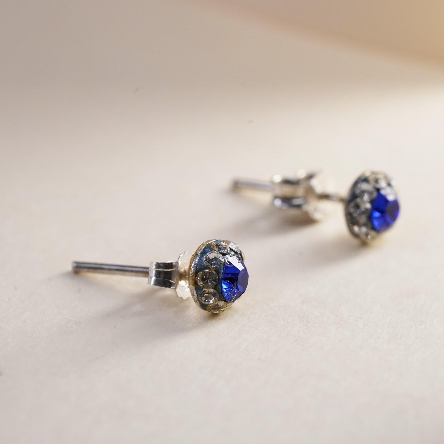 5mm, Vintage sterling 925 silver blue cz studs, minimalist earrings
