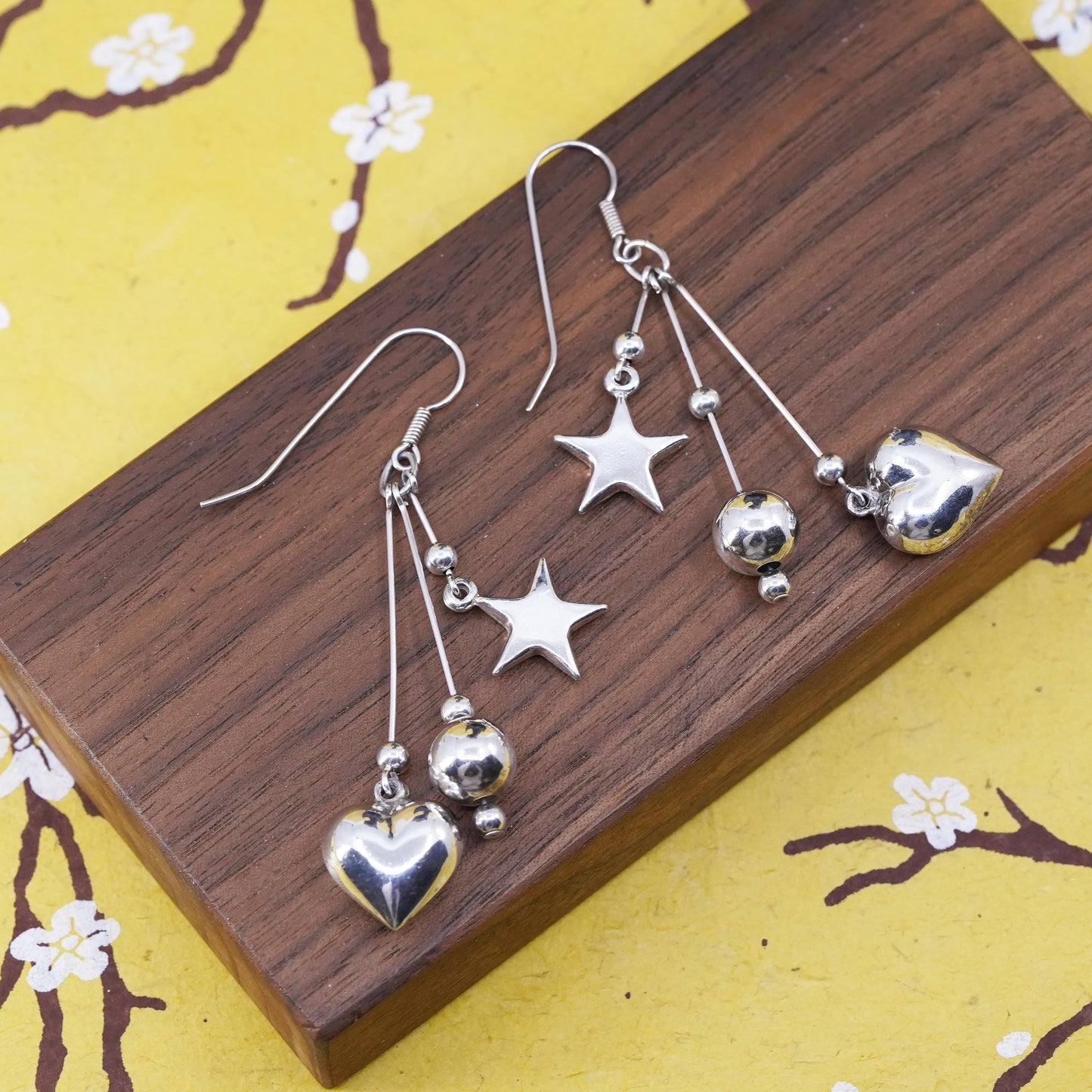 Vintage Sterling silver handmade earrings, 925 heart star bead dangles