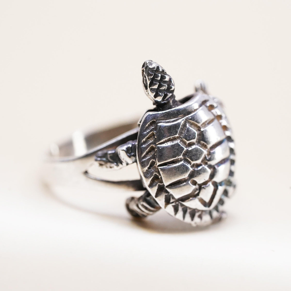 Size 5.25, Size 6, sterling silver 925 longevity turtle ring w/ movable joints