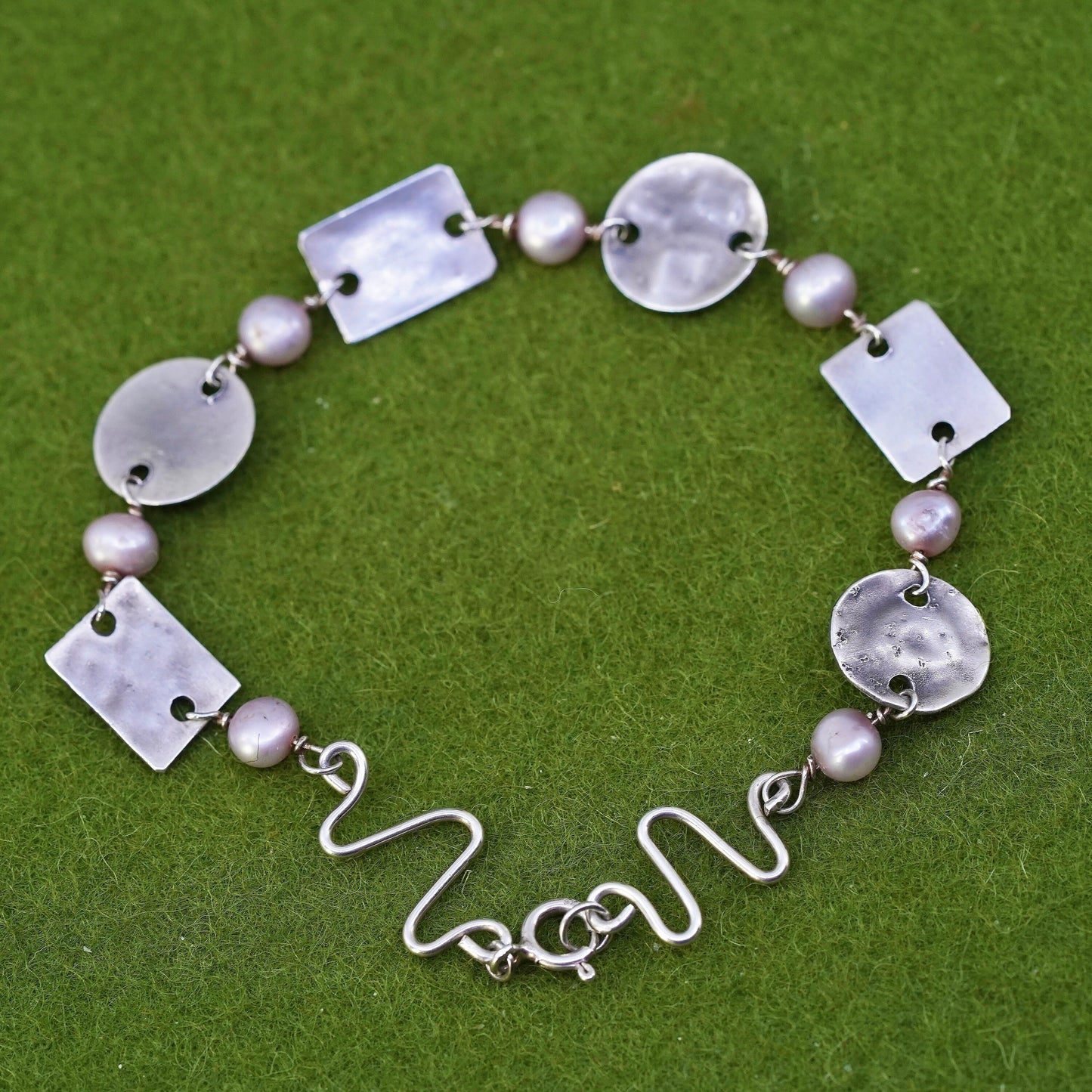 7", sterling silver handmade bracelet, 925 disc embossed heart with pearl beads