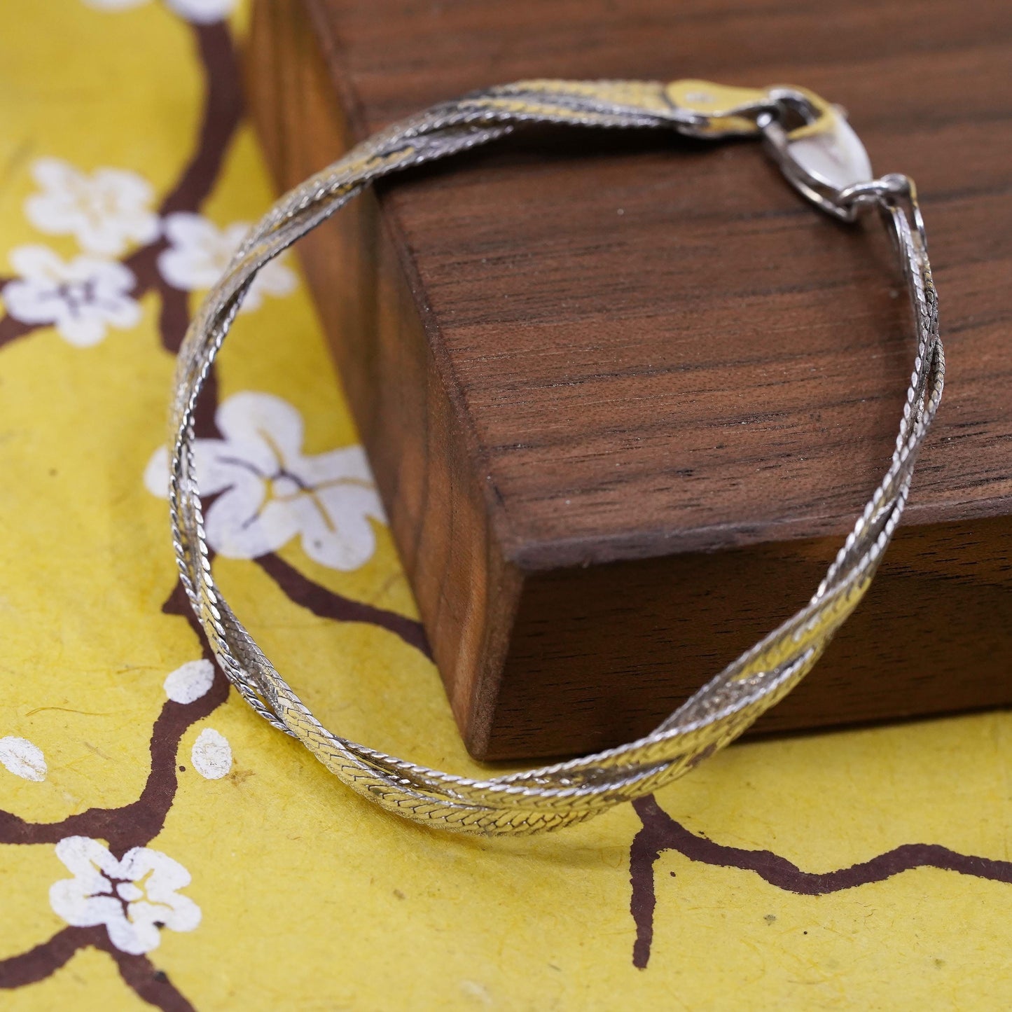 6.75", vtg Sterling silver braided woven herringbone bracelet, Italy 925 chain