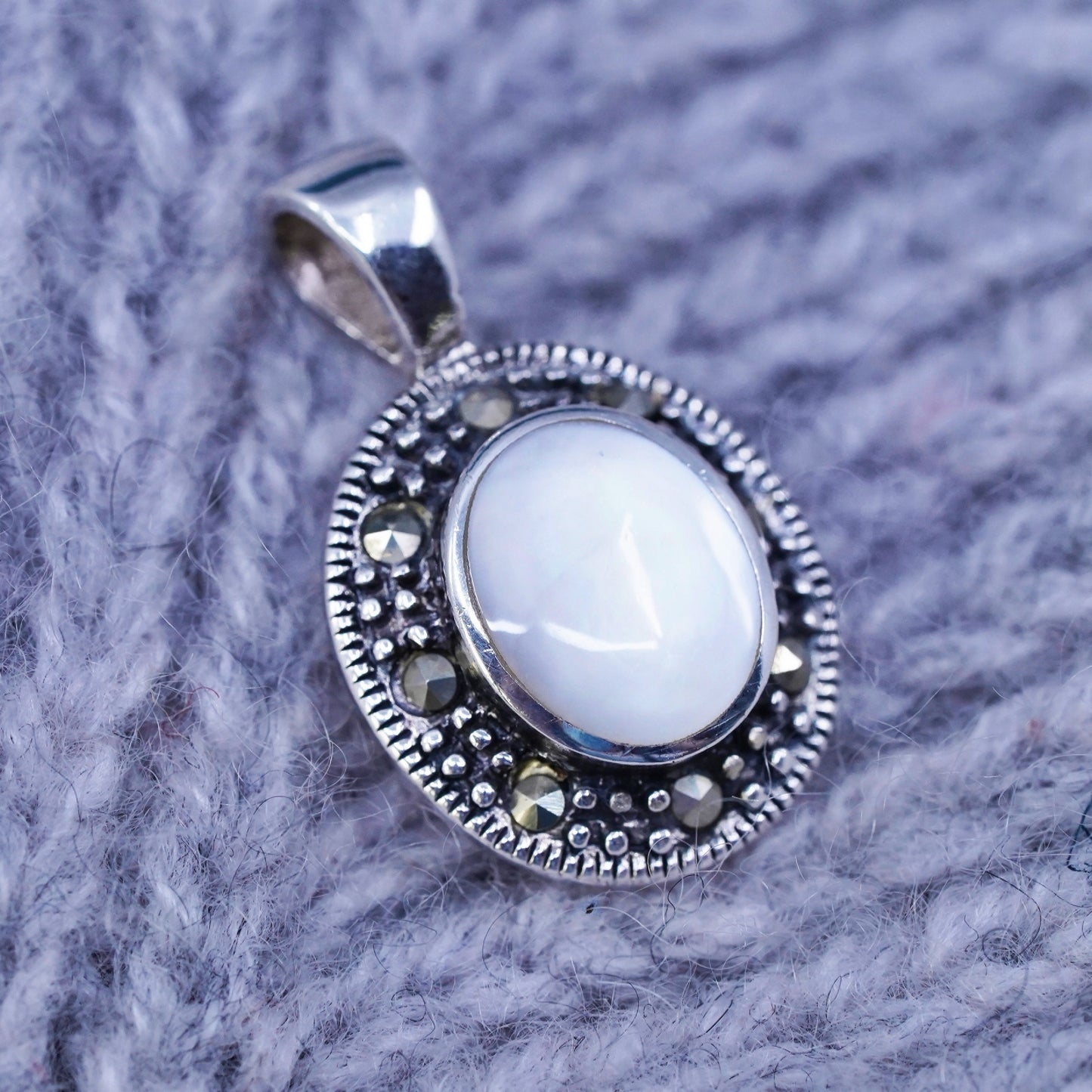 sterling 925 silver handmade pendant with oval mother of pearl and marcasite