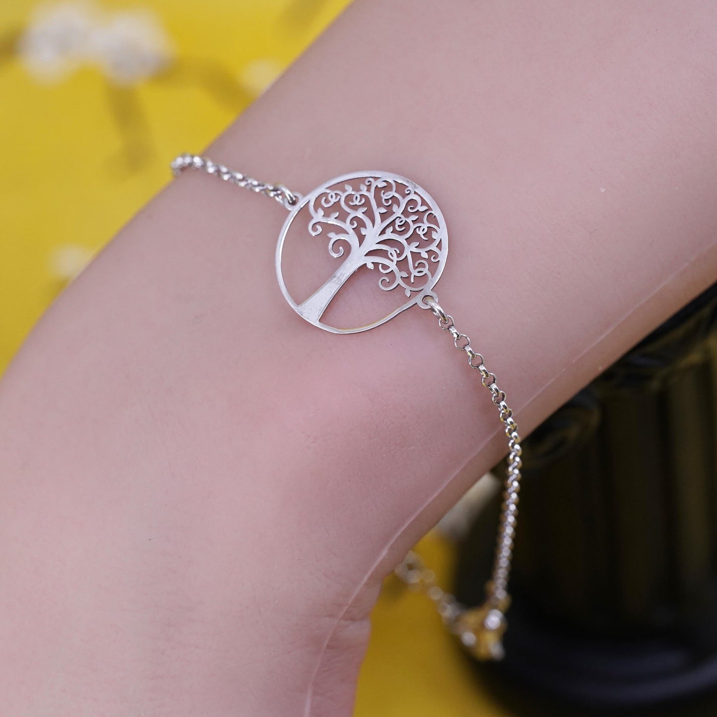 7.5" , Sterling silver bracelet, solid 925 chain filigree family tree charm