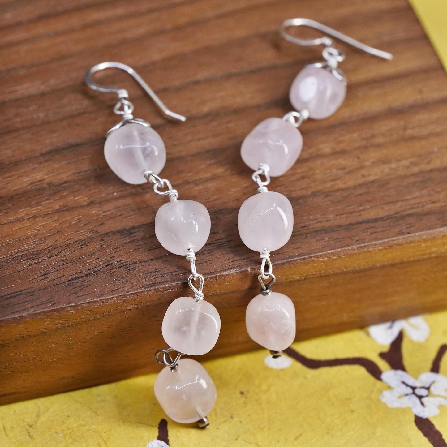 Vintage Sterling 925 silver handmade earrings with pink rose quartz