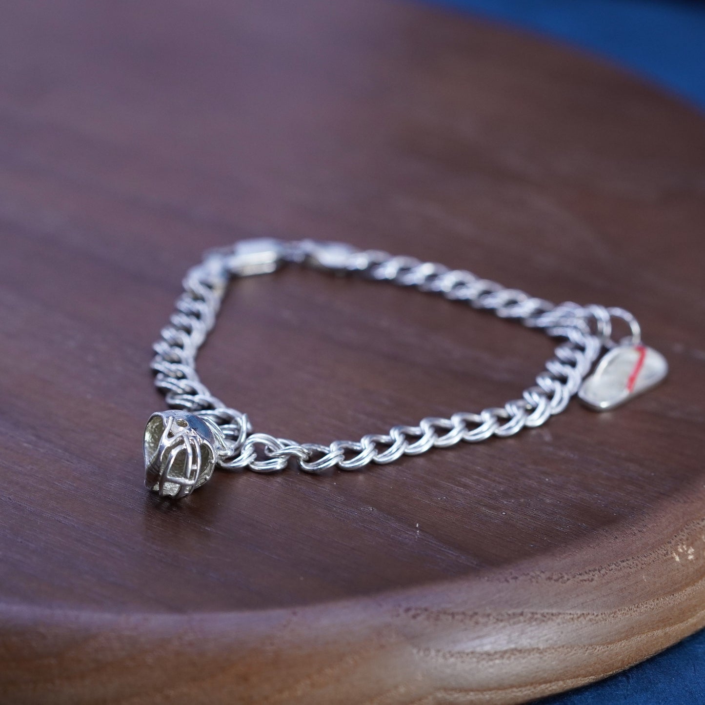 7.5”, Vtg Sterling silver 925 bracelet, curb chain football, flip-flop charms