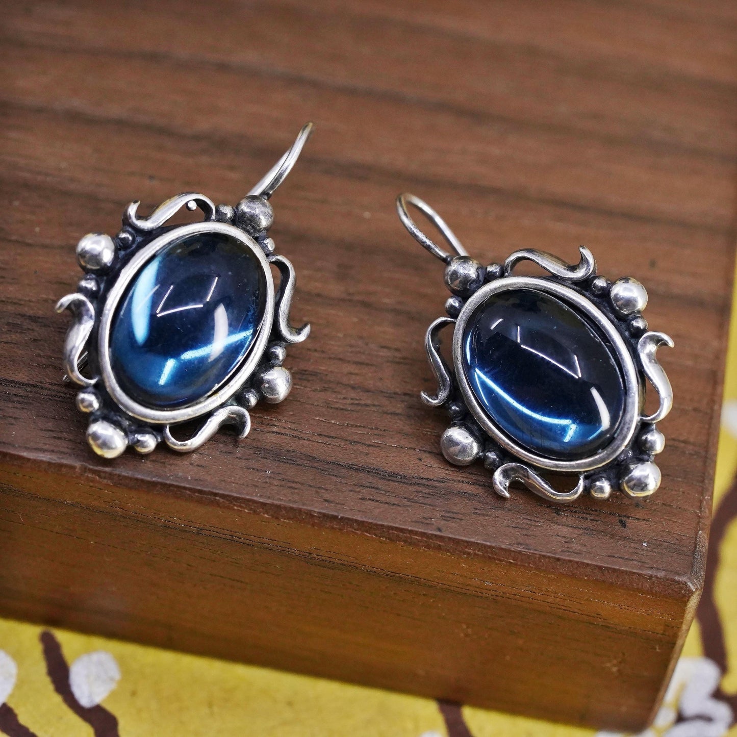 Vintage southwestern sterling 925 silver oval earrings with artisan blue glass