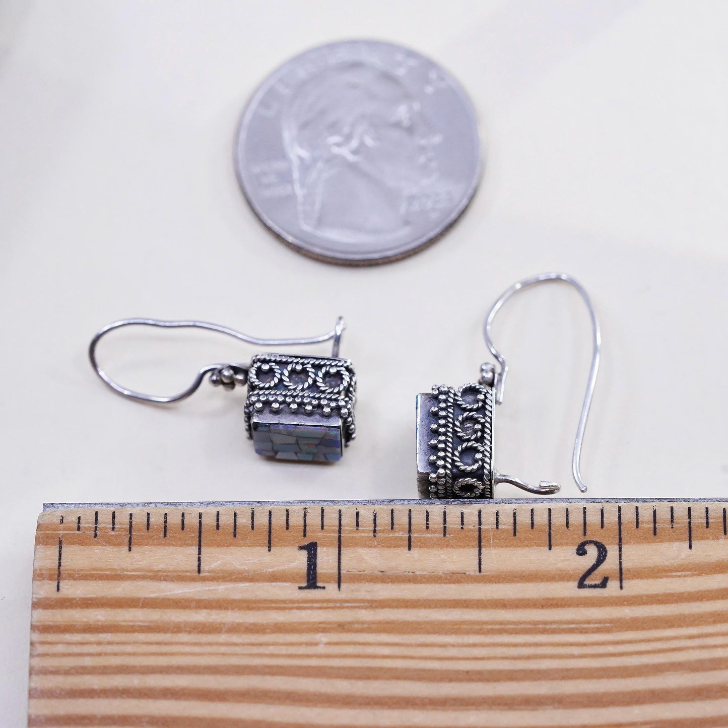 Vintage MNSN Sterling silver handmade mosaic earrings, rectangular dangles opal