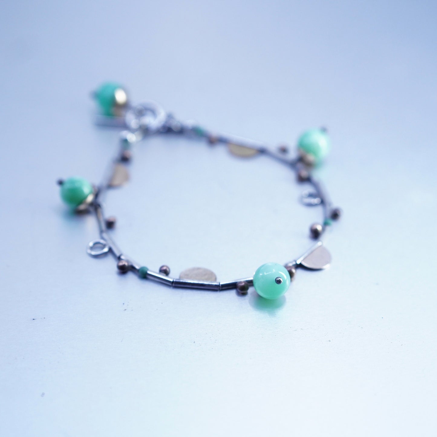 7”, Sterling 925 silver bracelet, liquid silver chain with turquoise beads