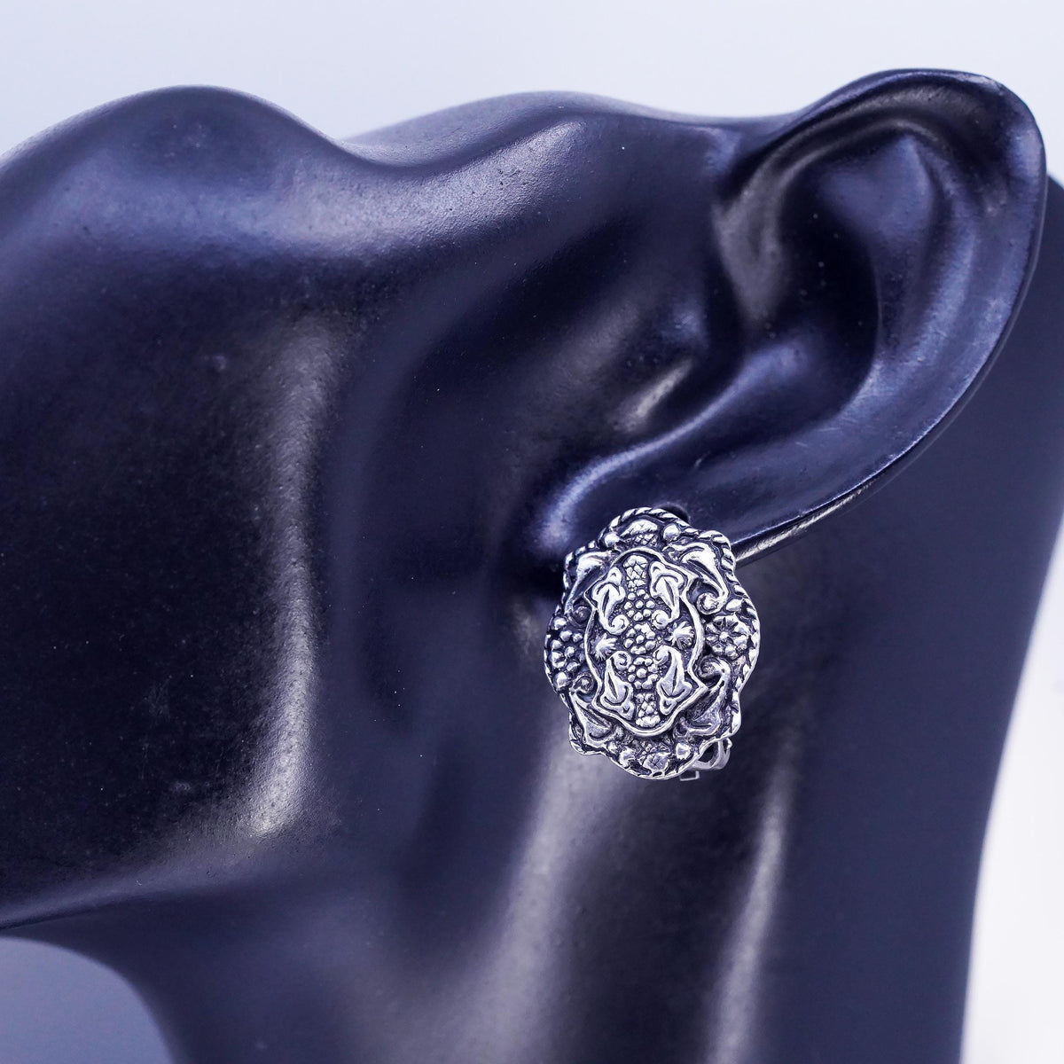 VTG Sterling 925 Silver Ornate Clip On, Floral Scroll Statement Earrings