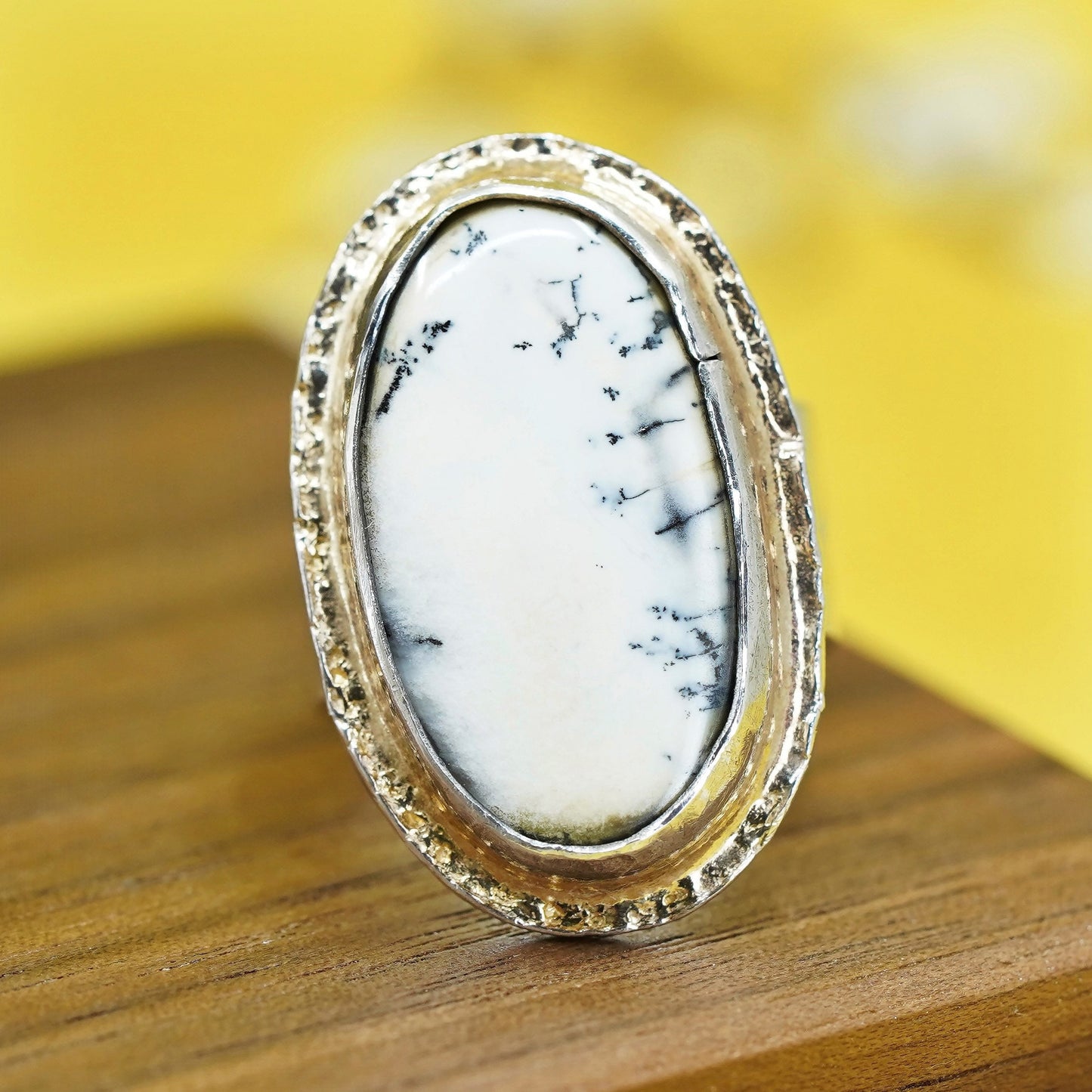 Size 5.5, Vintage Sterling 925 silver handmade ring with white dendritic agate