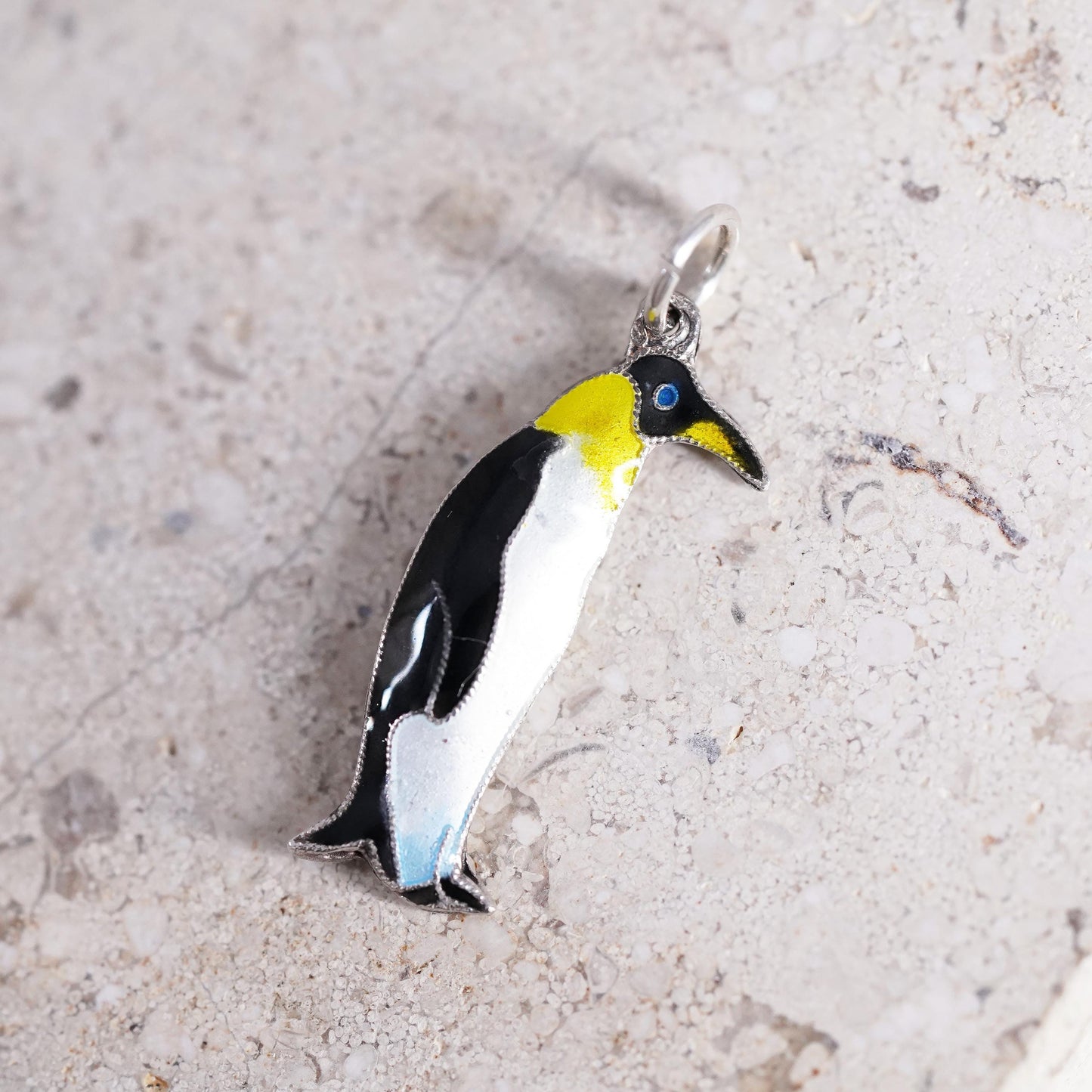 Vintage Sterling 925 silver handmade pendant, enamel penguin bird charm
