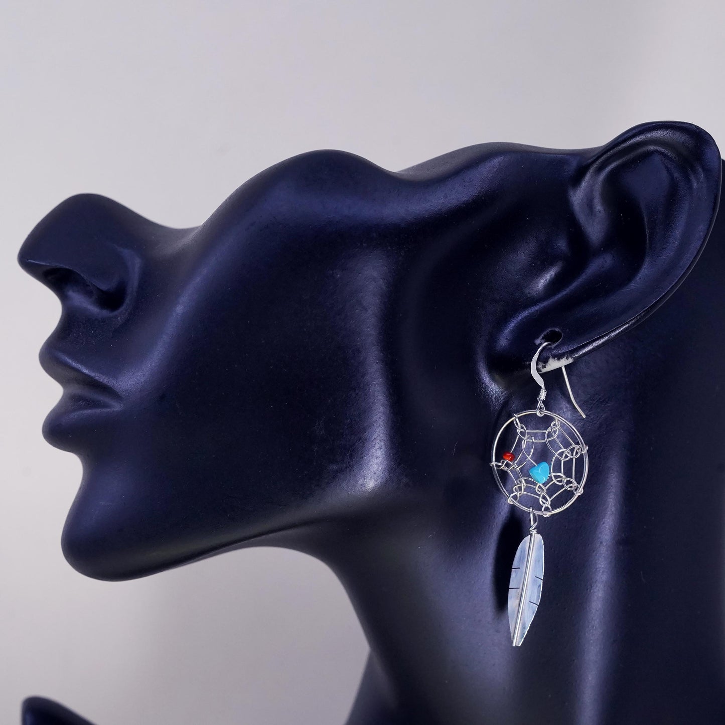 Native American Sterling silver earrings, 925 turquoise coral feather dangles
