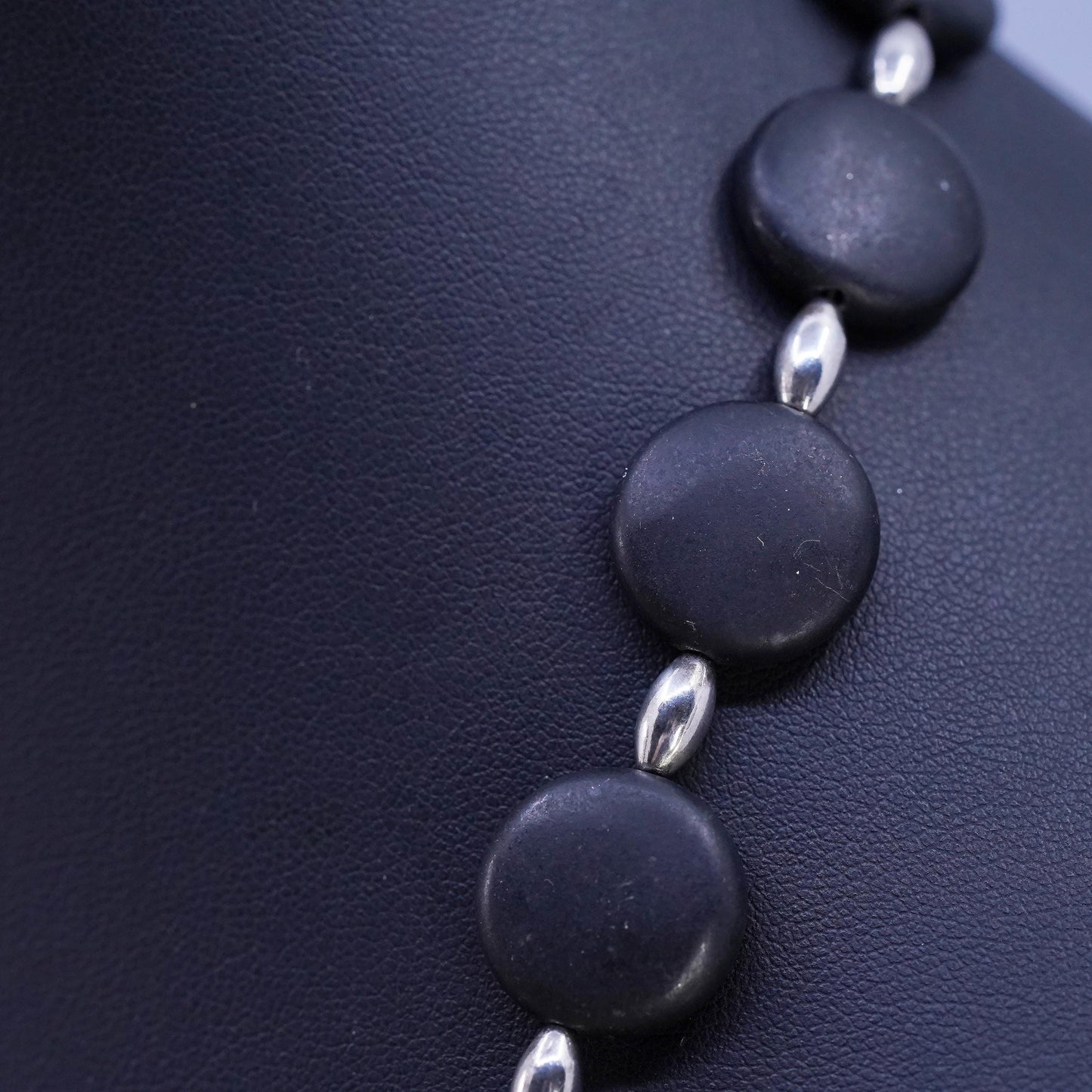 20", Sterling 925 silver necklace 16mm matte black onyx beads toggle closure