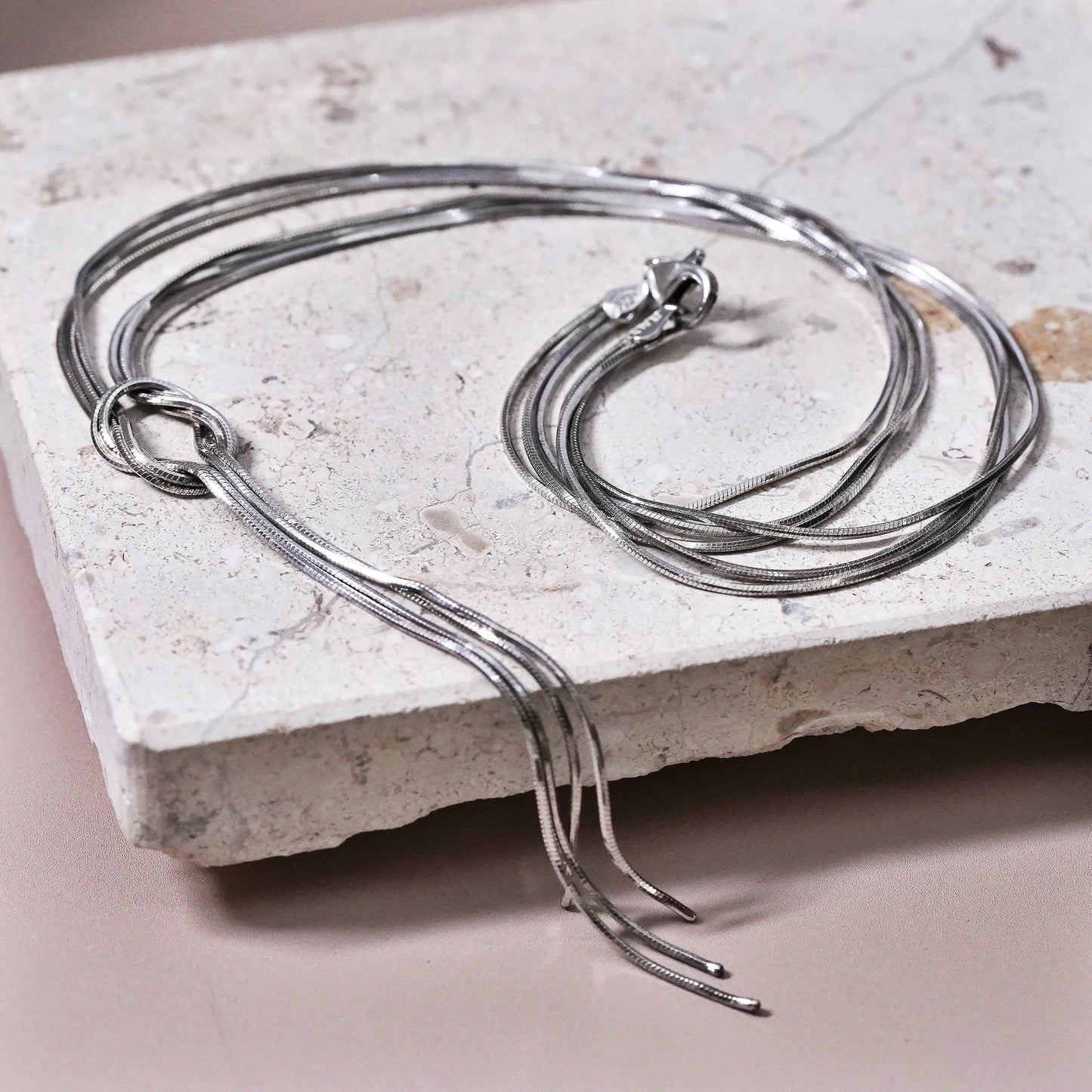 16”, multi 3 strands Sterling silver necklace, 925 snake chain knotted pendant