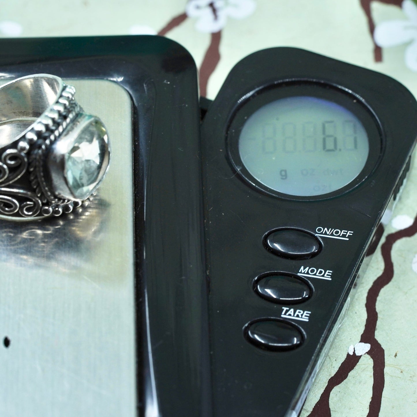 Size 7.25, Vintage sterling 925 silver handmade ring with aquamarine and beads