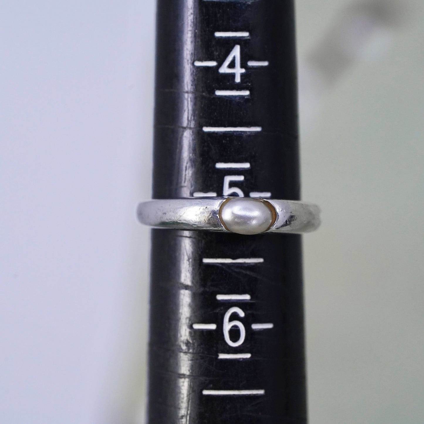 Size 5, vintage sterling 925 silver handmade ring band with pearl, modernist