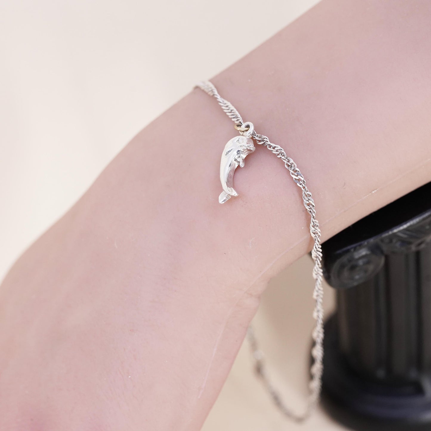 11”, sterling silver bracelet, 925 twisted herringbone anklet W/ dolphin charm
