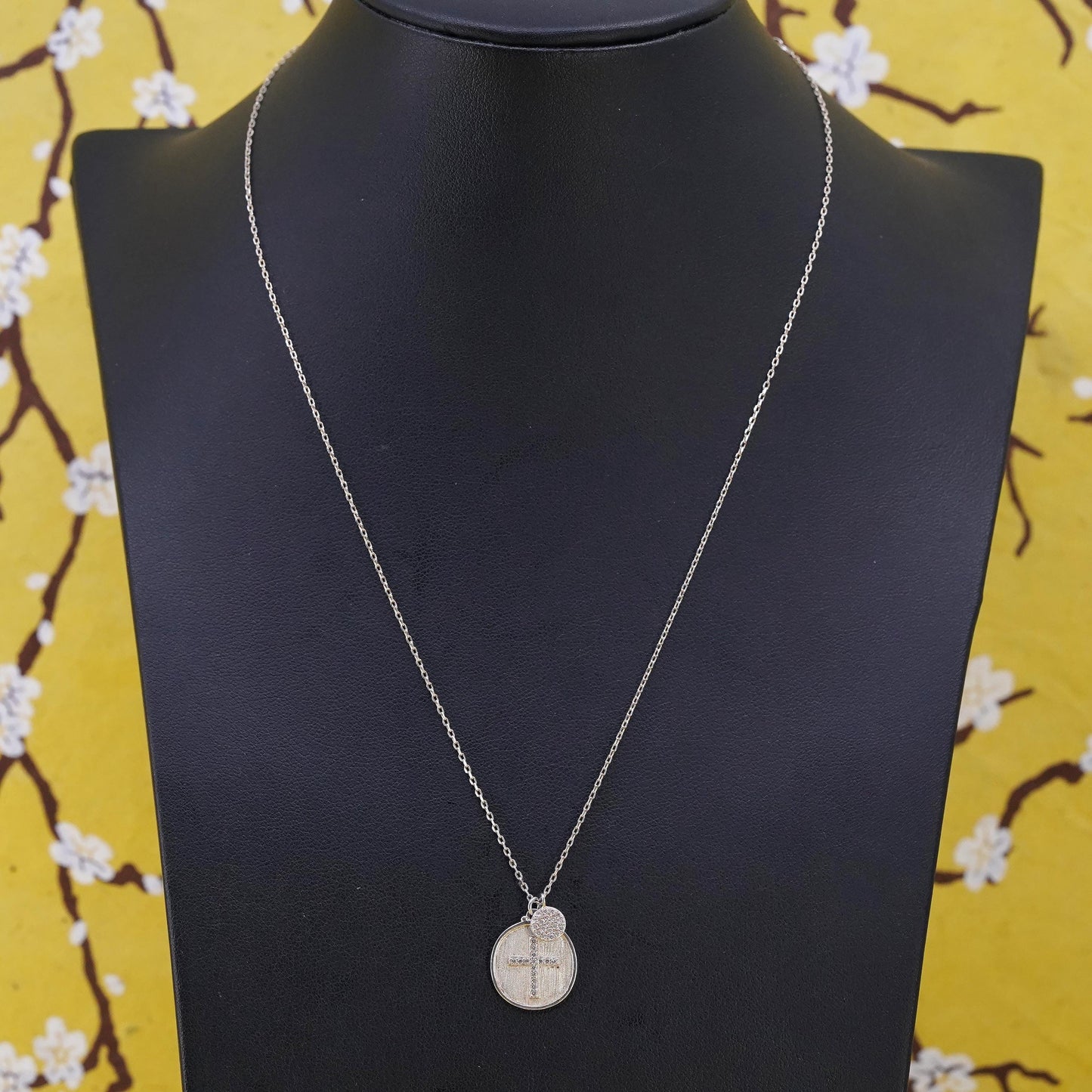 16+2”, Sterling silver necklace, 925 circle chain cluster cz cross pendant