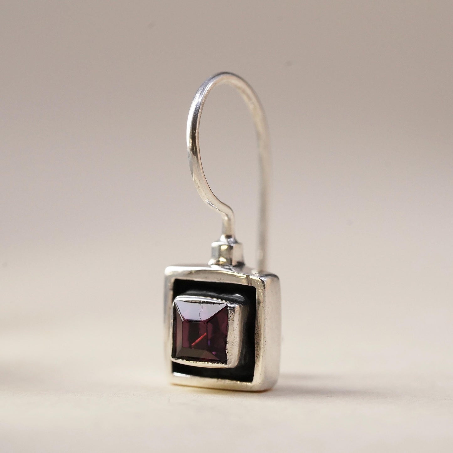 Vintage sterling silver 925 handmade single earring with square amethyst