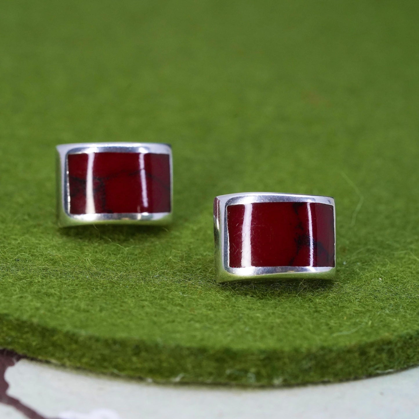 Vintage Mexican Sterling silver handmade earrings, 925 silver studs red jasper