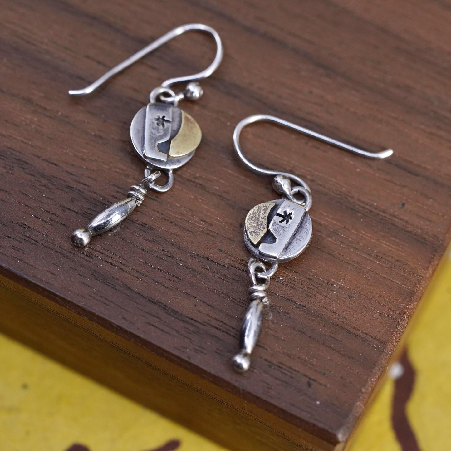 vintage Far Fetched two tone sterling 925 silver tag earrings with copper moon