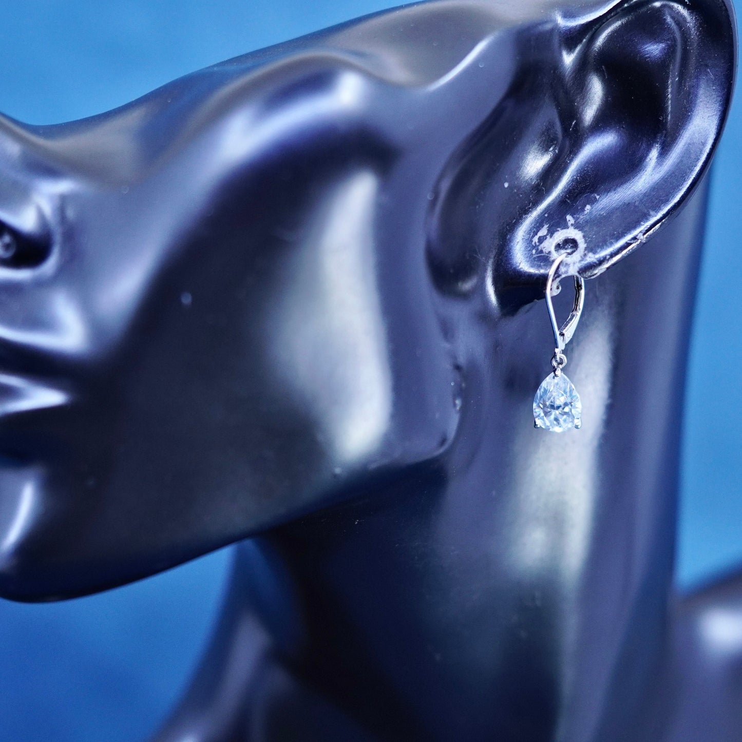 Vintage sterling silver earrings, solid 925 silver with teardrop cz dangles