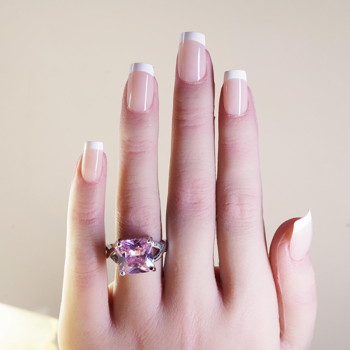 Size 8.25, Vintage Sterling 925 silver ring with square pink Quartz clear cz