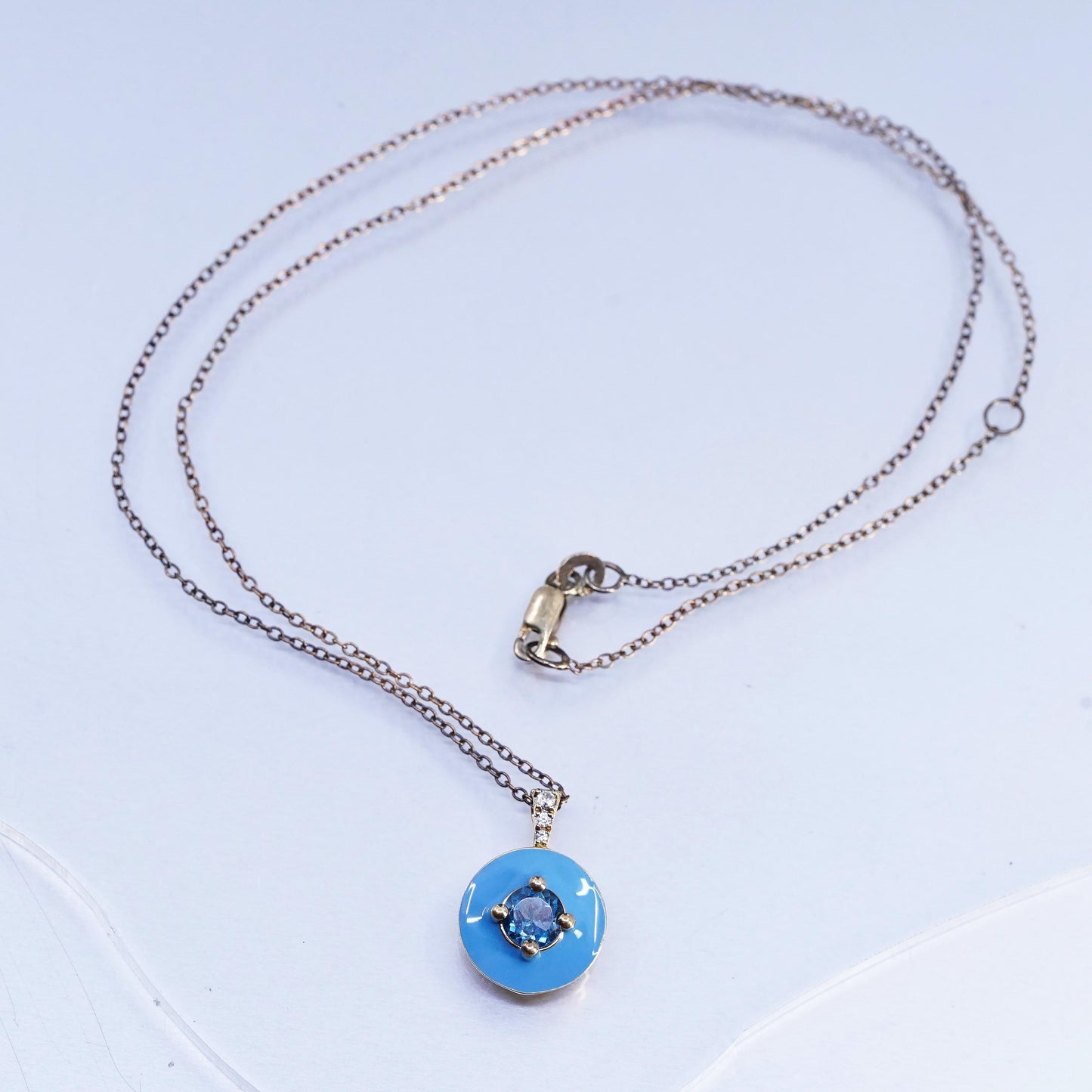 18", gold plated Sterling 925 silver circle necklace enamel blue topaz pendant