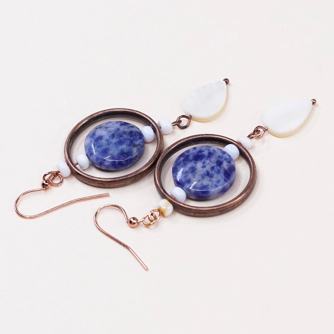 VTG handmade earrings, blue agate mother of pearl drops with copper circle