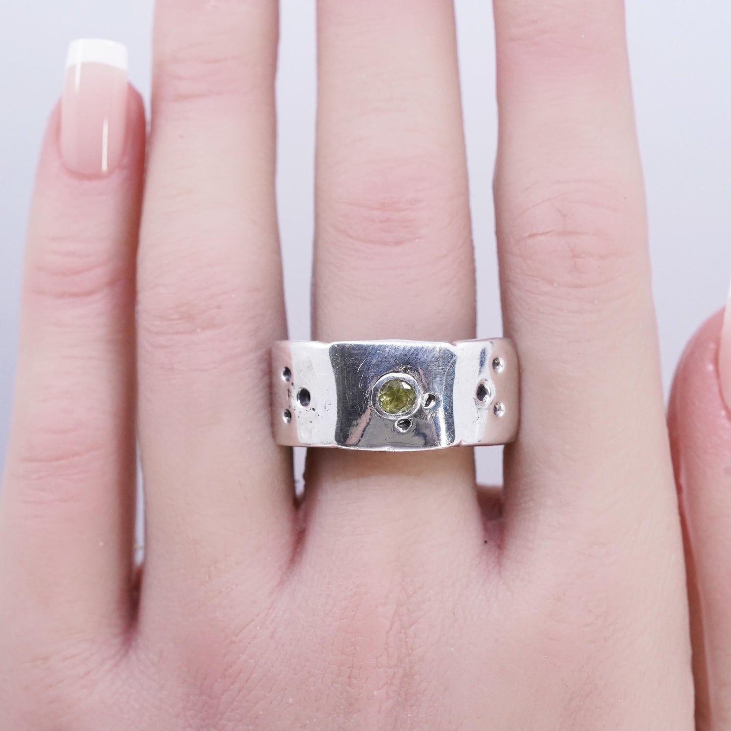 size 10.5, Vintage Sterling Silver Handmade Ring, 925 statement Band w/ peridot