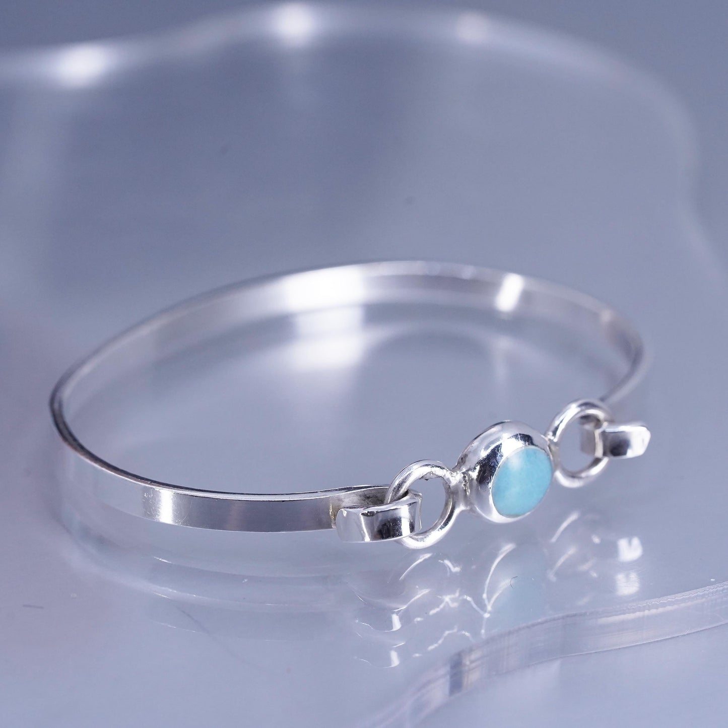 6”, Vintage Mexican Sterling 925 silver bracelet, hinged bangle with turquoise