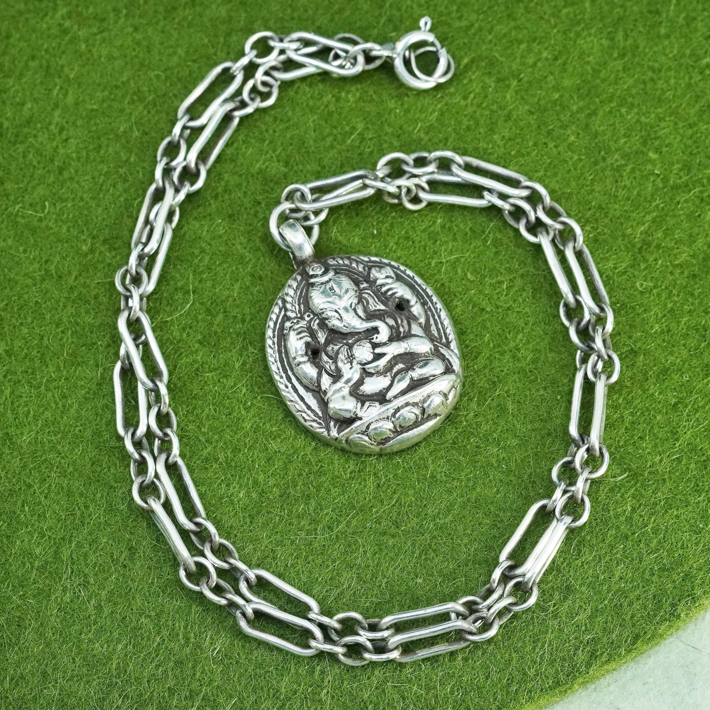 18”, Sterling 925 silver elongated necklace Ganesha elephant head god pendant