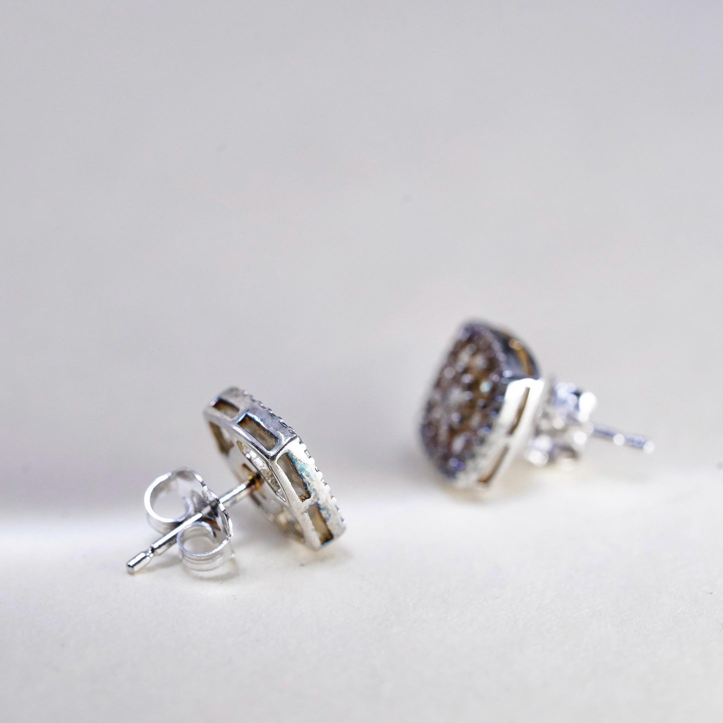 Vintage sterling silver handmade earrings, 925 square shaped studs with diamond