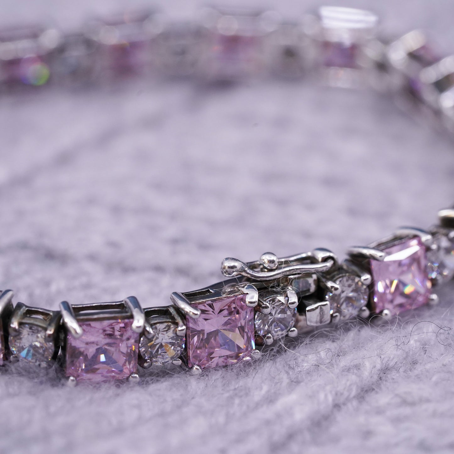 7.25”, vintage Sterling silver tennis bracelet, solid 925 silver pink crystal