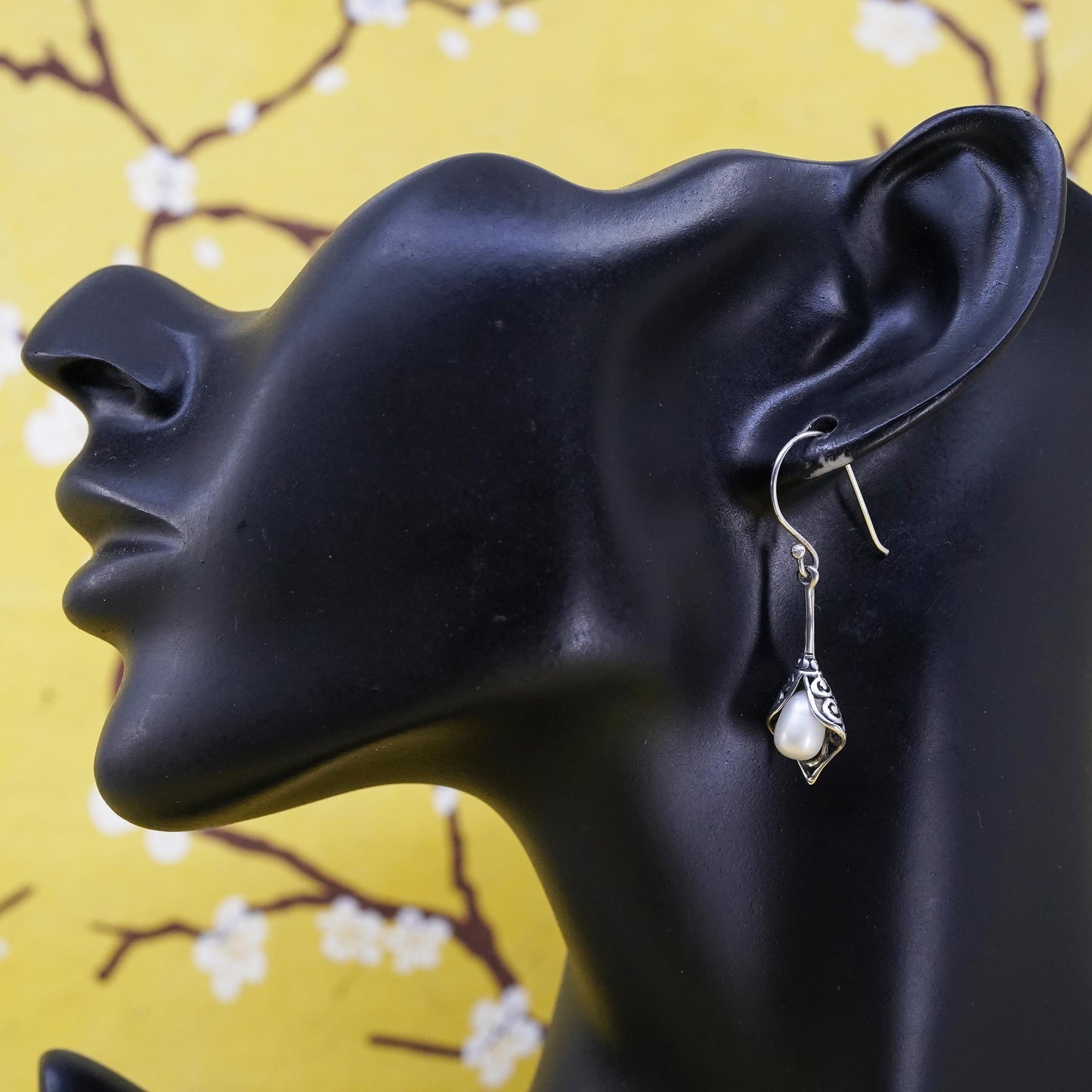 Sterling silver handmade earrings, 925 filigree teardrop drops with pearl
