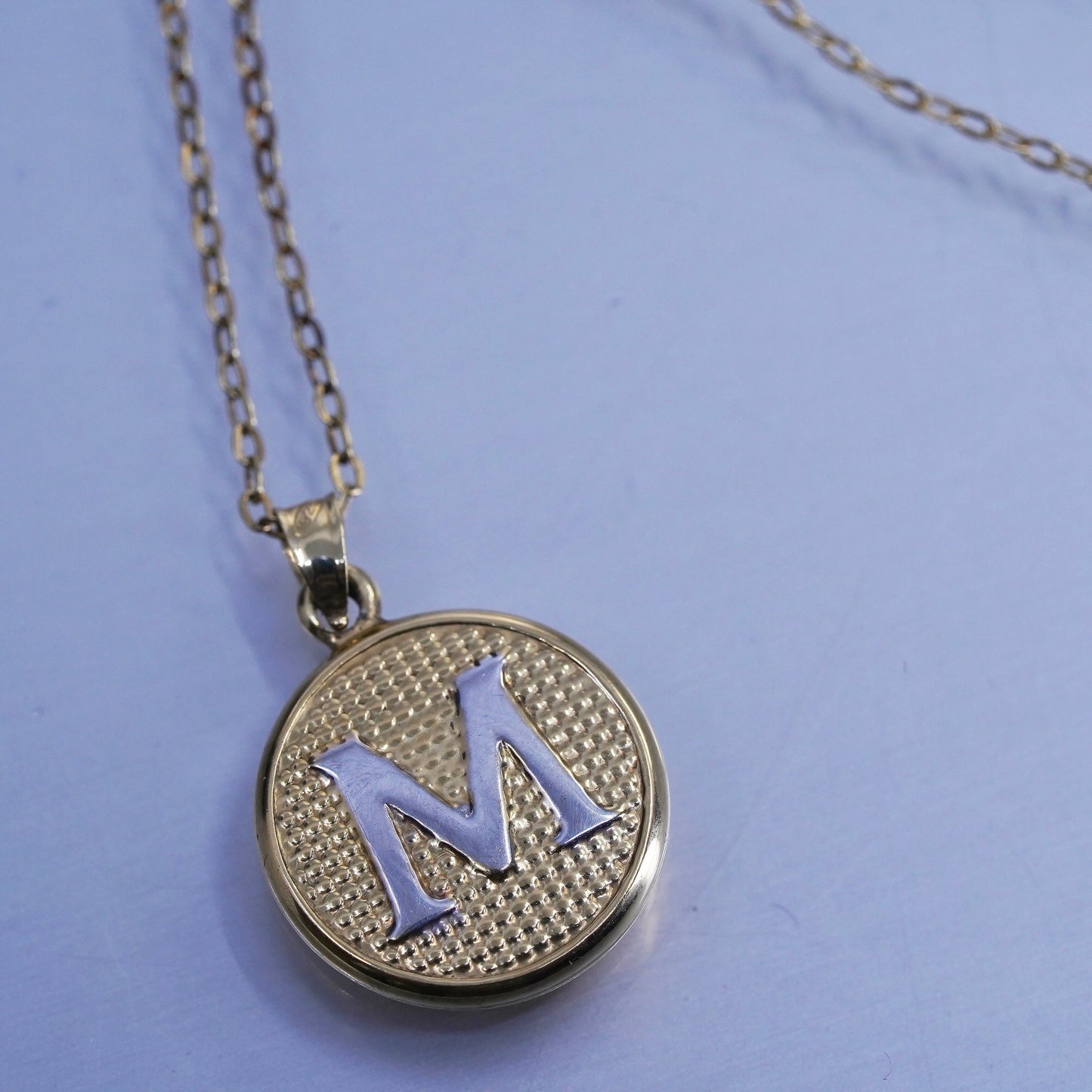 18”, vermeil gold over Sterling 925 silver circle necklace letter M pendant cz