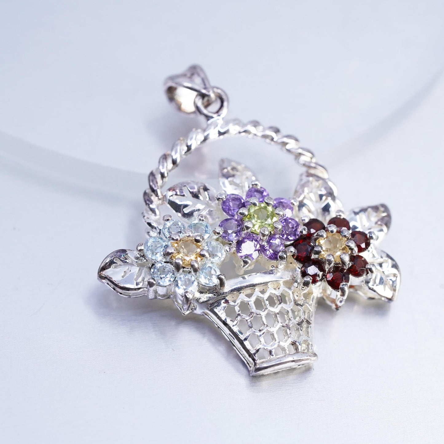Vintage Sterling 925 Silver Flower Basket Pendant Multi Gemstone Floral Bouquet